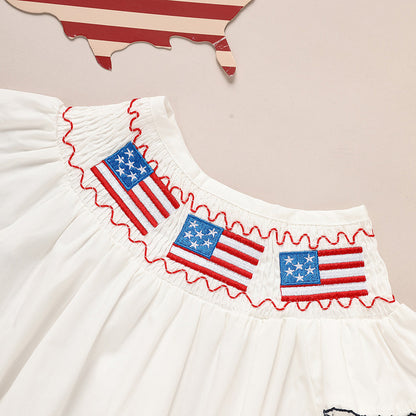 US Local Baby Girl 4th Of July Bubble Romper, Smocked Fly Sleeve Bodysuit With American Flag Embroidery