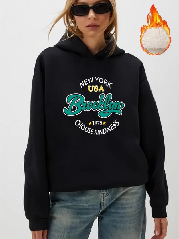 Casual Polyester Hooded Sweatshirt For Women, Fall Winter Knit Fabric With Alphabet, Floral, Western, Food, Fruit & Vegetable Patterns, Christmas & Halloween Design - Cozy Hooded Pullover