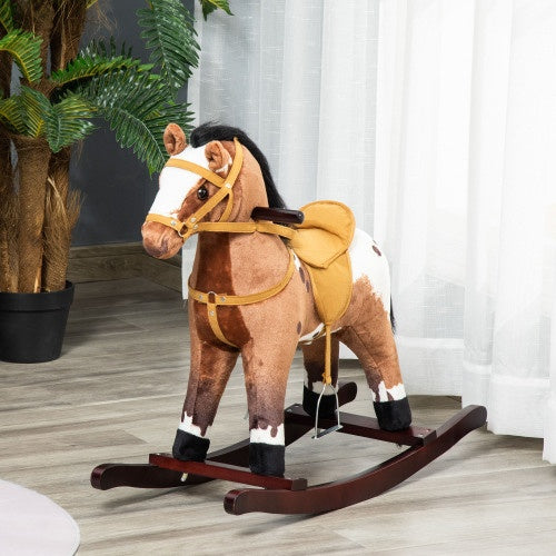 US Local Qaba Kids Metal Plush Ride-On Rocking Horse Chair Toy With Realistic Sounds - Dark Brown White
