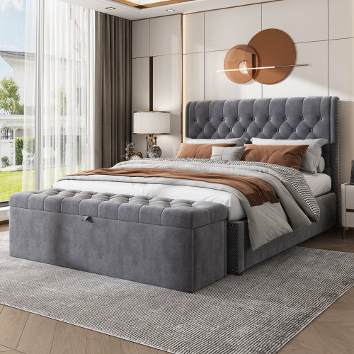 UK Local Velvet Upholstered Bench, Upholstered Bench Seat, Bed Stool, Bench With Storage Space, 135 X 41 X 42 Cm,grey