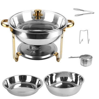 US Local 4 Pcs Chafing Dish Buffet Set 4.76QT Round Buffet Servers Food Warmer Stainless Steel Catering Chafer With Glass Lid For Warming Cooling Gatherings Banquets Buffets Party Wedding