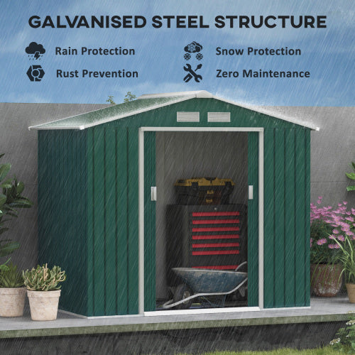 UK Local Outsunny 7 X 4ft Metal Garden Shed, Outdoor Storage Tool House With Ventilation Slots, Foundation Kit And Lockable Double Doors, Green