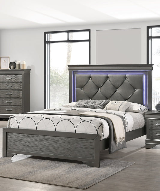 US Local Dark Gray Faux Leather Tufted Headboard 1pc Queen Size Bed W LED Bedroom Furniture Gray Unique Texture FB Solid Wood