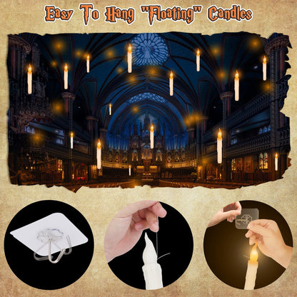 US Local 12Pcs Flameless Floating Candles LED Magic Hanging Candle Light Battery Operated Flickering Warm Light Window Candle With Magic Wand Remote For Halloween Christmas Party