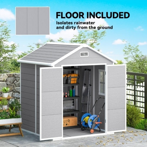 UK Local Outsunny 6 X 5ft Garden Shed, Plastic Shed With Floor, Window, Lockable Doors And Vents, Wood Effect Resin Tool Shed For Outdoor Patio, Dark Grey