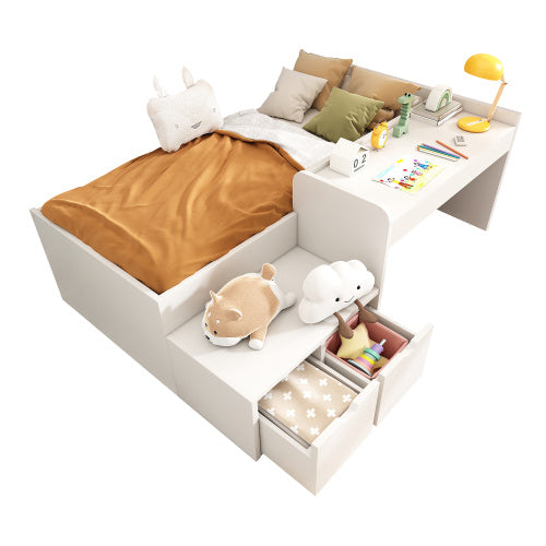 UK Local Kids Single Bed With Desk And Drawers, 90 X190 Cm, White, 3ft Kids Wooden Bed With Storage, Single Bed With Slatted Frame, Lying Surface For Teenagers & Adults