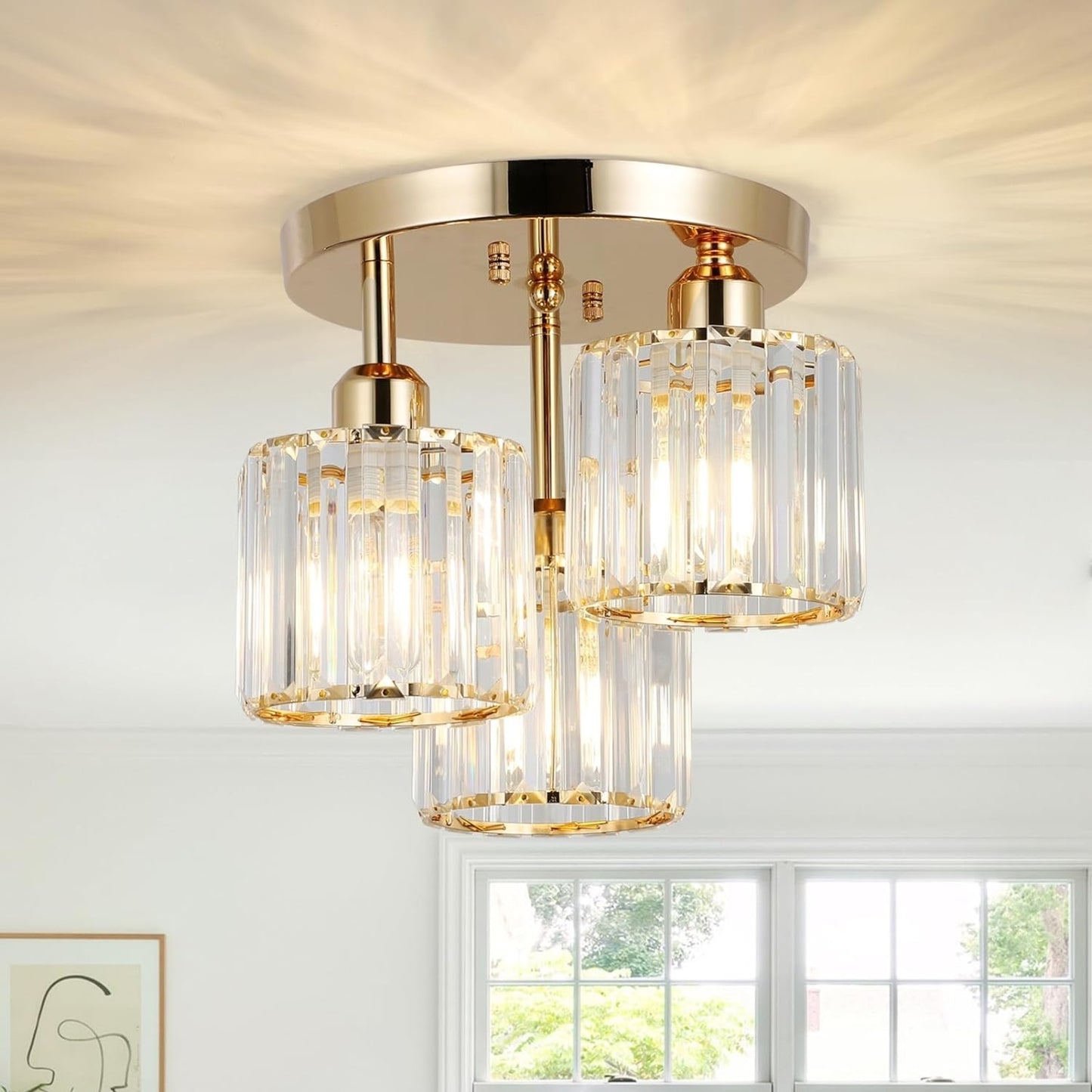US Local Modern Semi Flush Mount Ceiling Light,3-Light Crystal Close To Ceiling Light Fixtures,Golden Kitchen