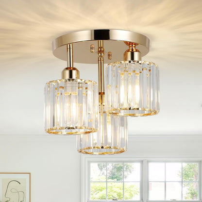 US Local Modern Semi Flush Mount Ceiling Light,3-Light Crystal Close To Ceiling Light Fixtures,Golden Kitchen