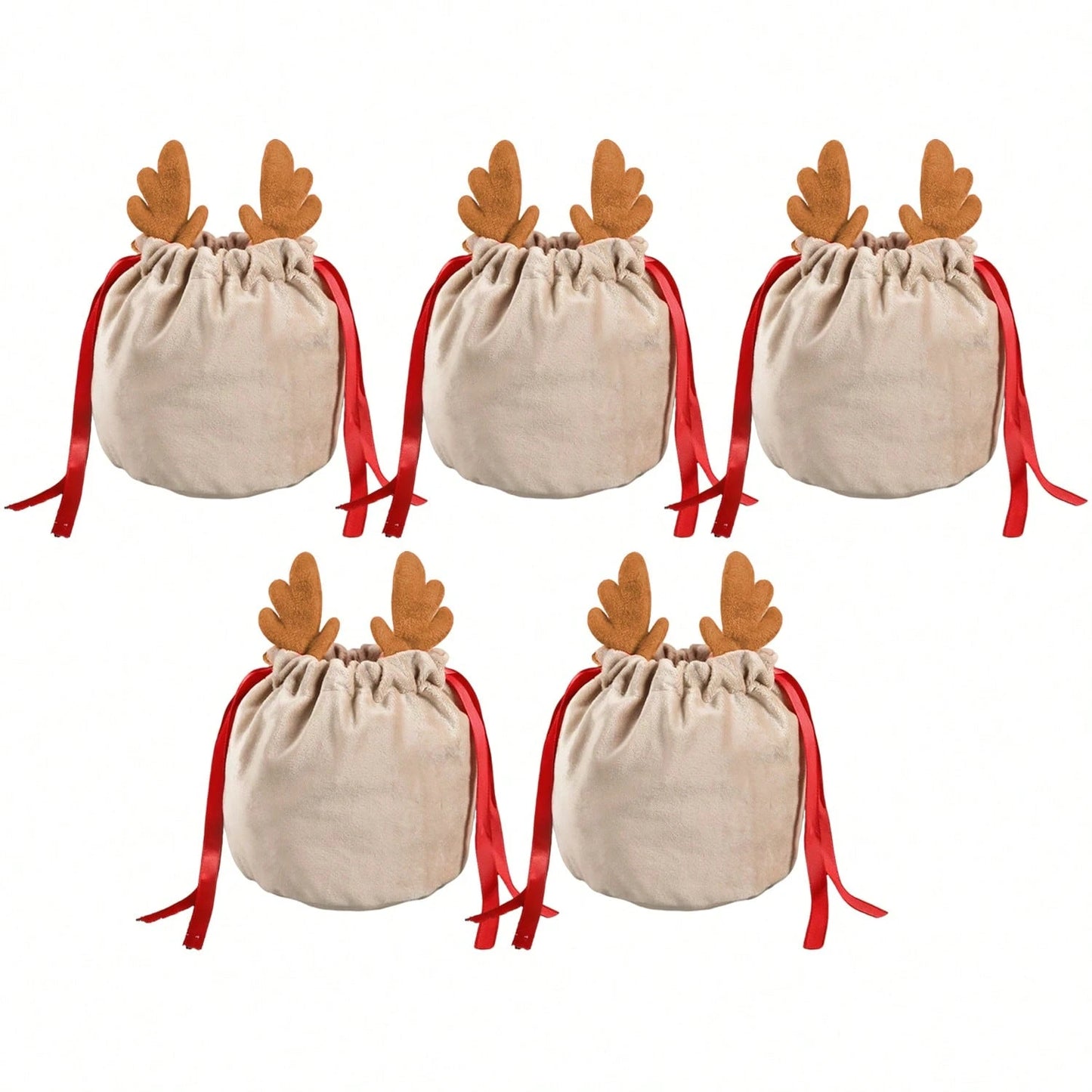 US Local Set Of 5 Christmas Velvet Drawstring Gift Bags With Reindeer Antler Design. Suitable For Organizing Jewelry Or Candy. Santa Gift Bags, Perfect For Holidays, Weddings, And Birthday Party Favors.
