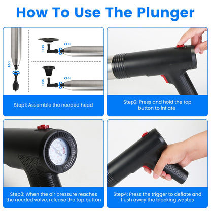 US Local 1Pc Electric Toilet Plunger High Pressure Air Plunger Air Drain Blaster Drain Clog Remover With Real Time Pressure Display For Toilets Bathroom Floor Drain Kitchen Sinks Plumbing Clogs