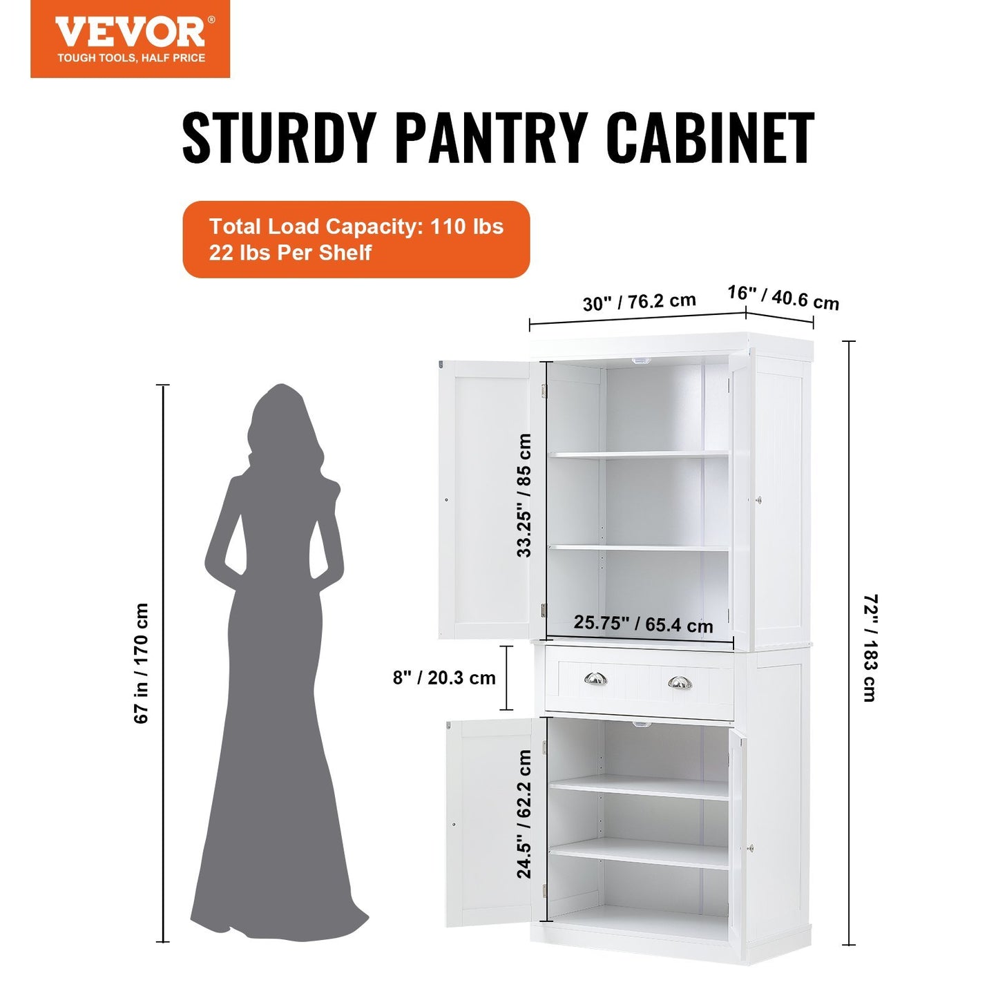 VEVOR  Kitchen Pantry Storage Cabinet, Freestanding Utility Cabinets With Doors, Drawer And 3 Adjustable Shelves, Tall Food Buffet Pantries For Kitchen, Living Room, Dinning Room, Laundry, White
