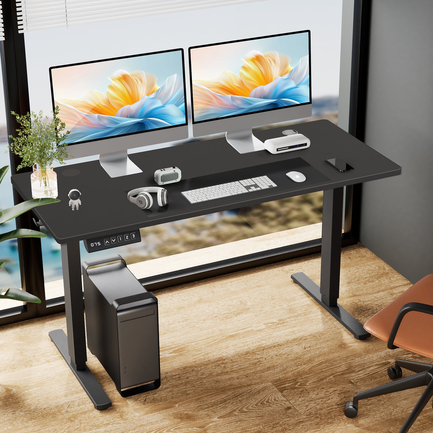 US Local Electric Adjustable Height Standing Desk Sit To Stand Up Desk With Splice Board, Rising Home Office Computer Table With 2 Hook And Wire Hole For Work