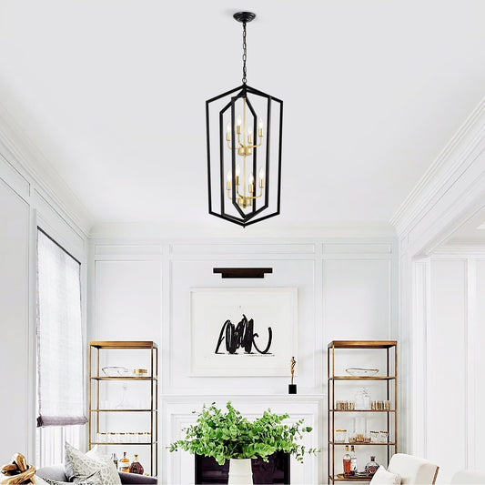 US Local 8-Light Lantern Tired Farmhouse Ceiling Hanging Light Black Chandelier Metal Modern Pendant Light Fixtures For Kitchen Island Dining Room Living Room Foyer Entryway E12 Bulbs Not Included