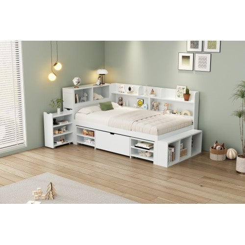 UK Local Children's Bed, Single Bed-3ft 90x190cm, Single Bed, Multifunctional Children's Bed With Drawers, Bookcase And Storage Cupboard, Large Storage Space, Slatted Frame, Without Mattress, White
