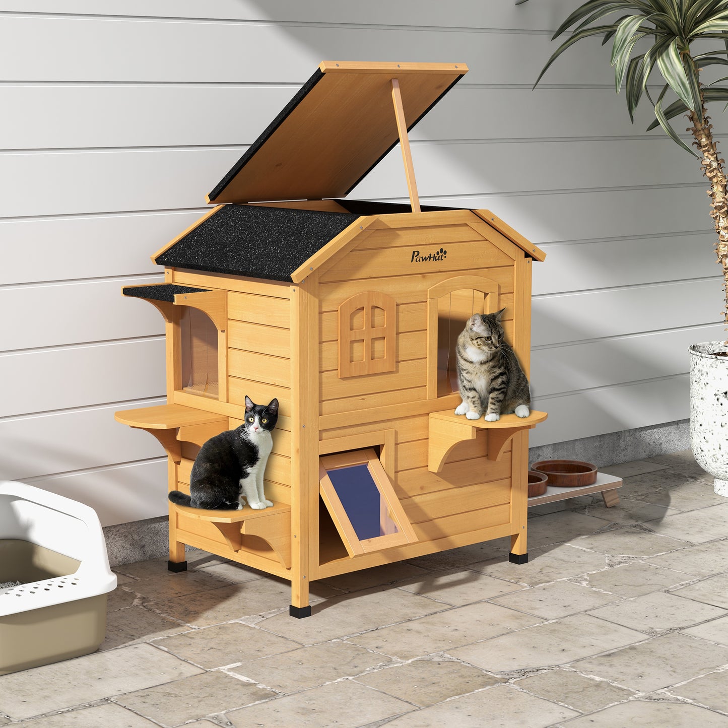 US Local 2-Story Wooden Outdoor Cat House Feral Shelter With Escape Door Asphalt Roof 4 Platforms Natural