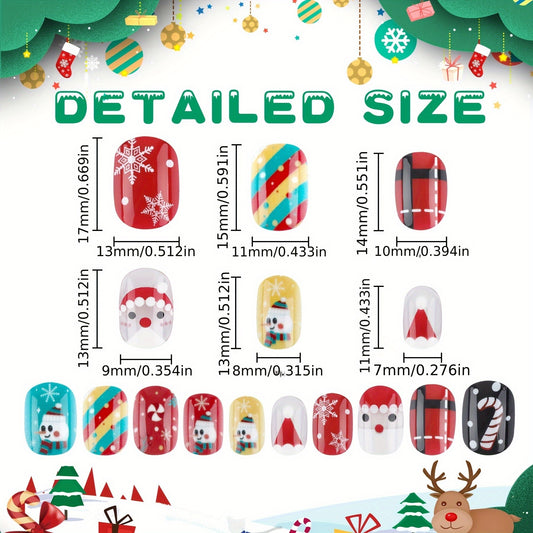 US Local Christmas Stick On Nail, 48 Pcs False Nails Kids Full Cover Xmas Short False Nail Children Nails Lovely Gift For Kids Little Girls Nail Art Decoration