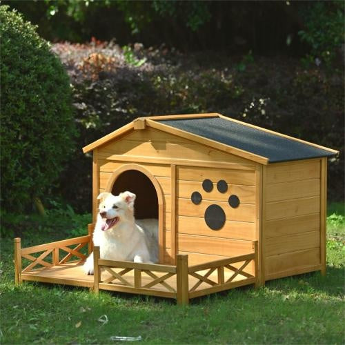 US Local 48 Wooden Dog House Outdoor With Porch, Dog Kennel With Water-Resistant Asphalt Roof And Fencing,Indoor & Outdoor Dog Crate With Paw Print, Medium, Nature