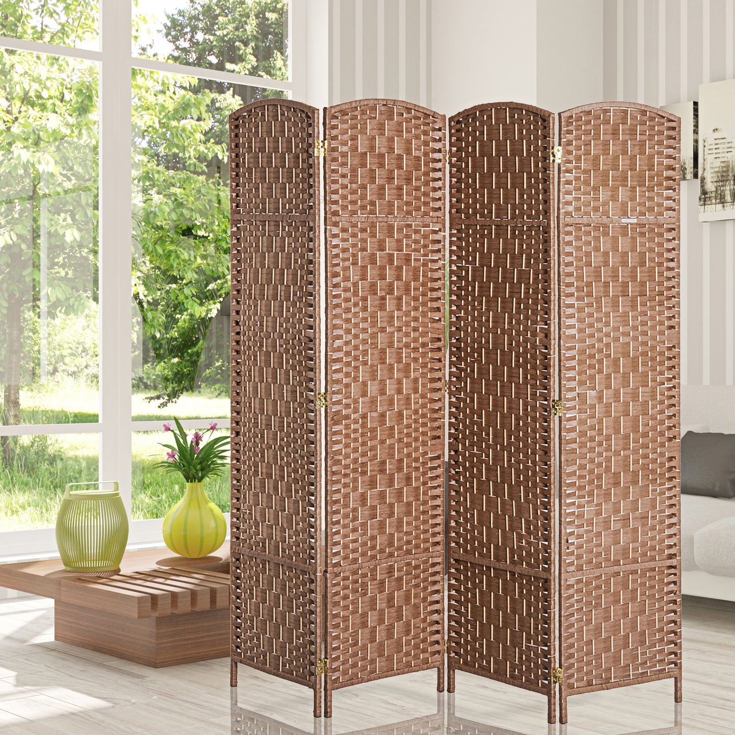 US Local 6FT Tall 4-Panel Wicker Weave Room Divider, Folding Privacy Screen, Portable Partition For Bedroom & Home Office, Natural