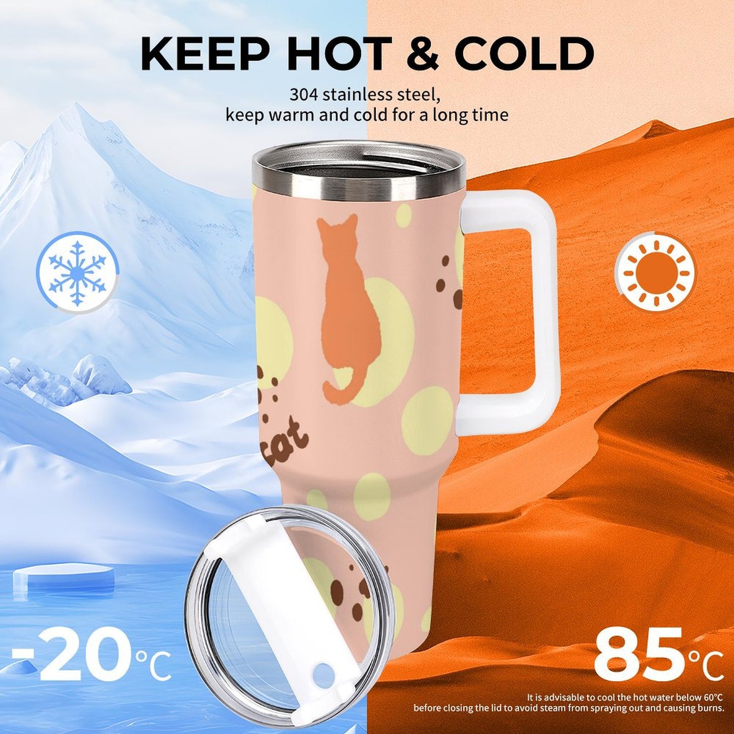 PHDT00263 POD US Local Tumbler 40 oz Large Capacity Car Cup Cat Footprints Pink Yellow