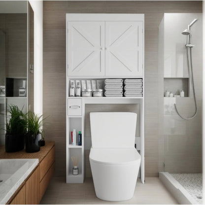 US Local Over The Toilet Storage Cabinet With 2 Door  Home Space Saving Toilet Rack, Farmhouse Style For Bathroom, Restroom, Laundry