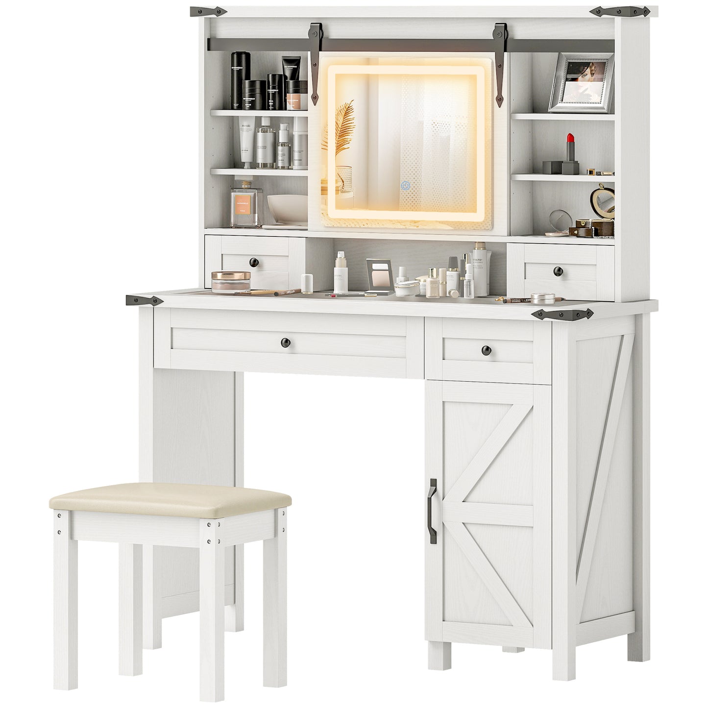 US Local Vanity Desk Set With Mirror And Lights, Cushioned Stool, Storage Drawer, Cabinet, Shelves For Bedroom, White
