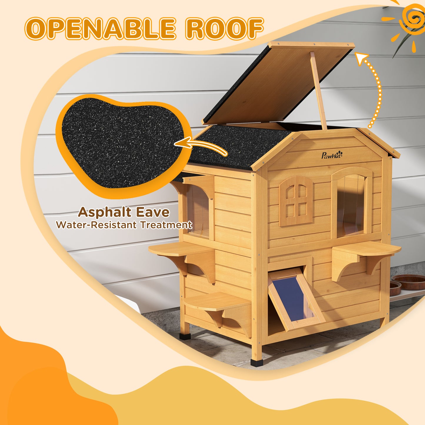 US Local 2-Story Wooden Outdoor Cat House Feral Shelter With Escape Door Asphalt Roof 4 Platforms Natural