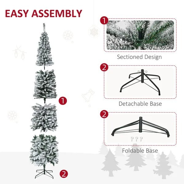 CA Local 9 ft Flocked Christmas Tree, Pencil Christmas Tree With Realistic Branch Tips, Folding Metal Stand, Green