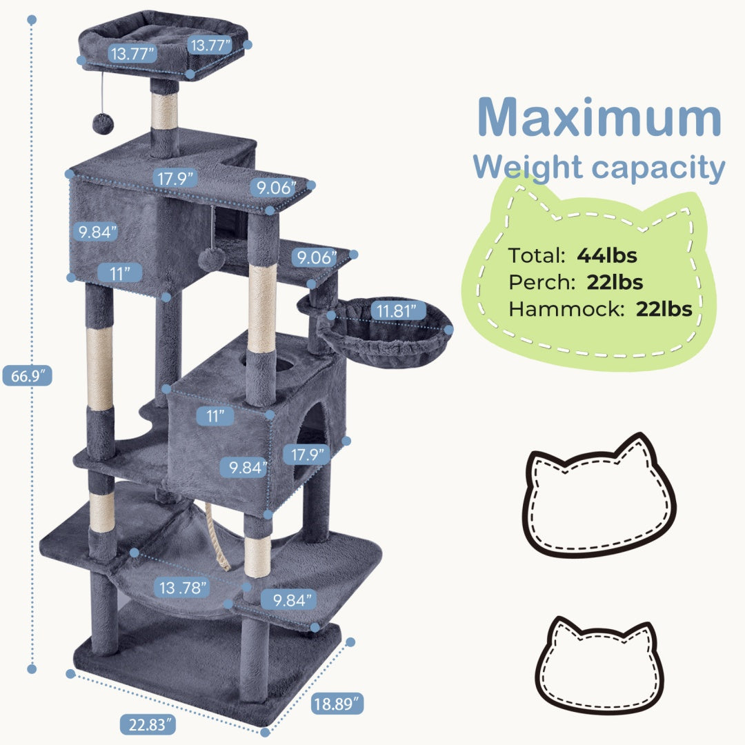 US Local 66 Inch Cat Tree Tower, Large Multi-Cat Climbing Extended Platform, Hammock, Pet House For Indoor Cats And Kittens Play