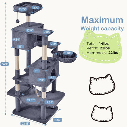 US Local 66 Inch Cat Tree Tower, Large Multi-Cat Climbing Extended Platform, Hammock, Pet House For Indoor Cats And Kittens Play