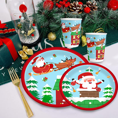 US Local Christmas Paper Plates And Cups Set Decorations For 10 Guests Santa Claus Elk Pattern Plates And Cups For Winter Holiday Christmas Party Decorations