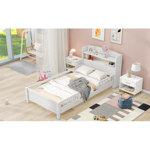 US Local Wood Twin Size Platform Bed With Built-in LED Light, Storage Headboard And Guardrail, White