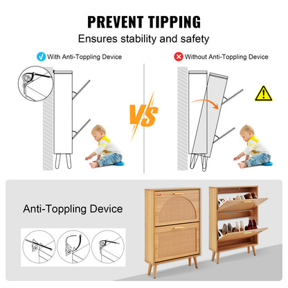 US Local VEVOR Shoe Cabinet With 2 Flip Drawers, Shoe Storage Cabinet For Entryway, Free Standing Shoe Storage Organizer With Rattan Doors For Heels, Boots, Slippers In Hallway, Living Room