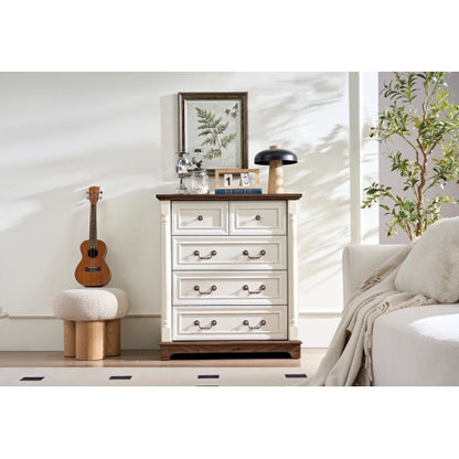 US Local Farmhouse Style 5 Drawer Dresser Chest With Base Wooden Rustic Chest Of Drawers, Storage Dresser Organizer For Bedroom, Living Room, Beautiful Sturdy And Durable