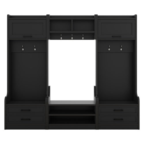 US Local 4-in-1 Detachable Hall Tree With Storage And 7 Hooks, Multiple Functions Hallway Coat Rack With Storage Drawers And Cabinet, Black Shoe Bench For Entryway Hallway