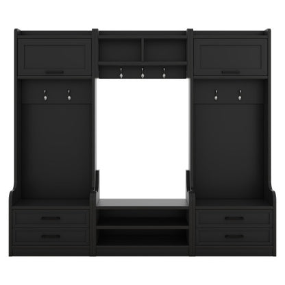 US Local 4-in-1 Detachable Hall Tree With Storage And 7 Hooks, Multiple Functions Hallway Coat Rack With Storage Drawers And Cabinet, Black Shoe Bench For Entryway Hallway