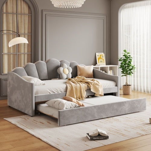UK Local Upholstered Bed, 3FT Single Bed 90x190cm, Bottom With Trundle Bed 90x190cm, Daybed Sofa Bed, Youth Bed, For Adults & Teenagers, Easy Assembly, Velvet, Grey