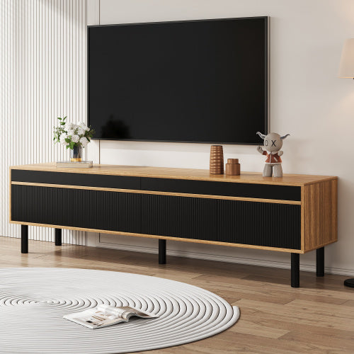 UK Local TV Cabinet, TV Table, TV Panel, Low Cabinet With Four Doors. Fine Texture. Black And Wood Color.
