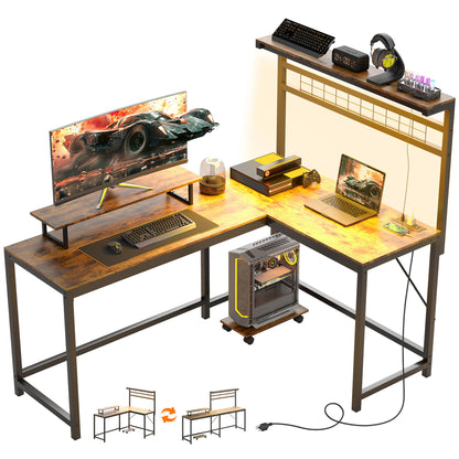 US Local 61.6 L Shaped Gaming Desk With Power Outlets & LED Lights, Computer Desk With Monitor Stand And CPU Shelf, Rustic Brown