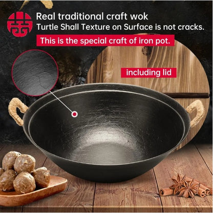US Local WANGYUANJI 14.2 Handmade Wok, Cast Iron Wok Pan, Large Flat Bottom Wok Stir With Dual Handle And Wooden Lid, Suitable For All Cooktops, Uncoated Chinese Traditional Wok