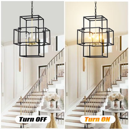 US Local 4-Light Metal Lantern Tiered Pendant Hanging Light Fixtures, Industrial Farmhouse Adjustable Height Chandeliers For Dining Room Hallway Foyer Entryway--Matte Black & Gold