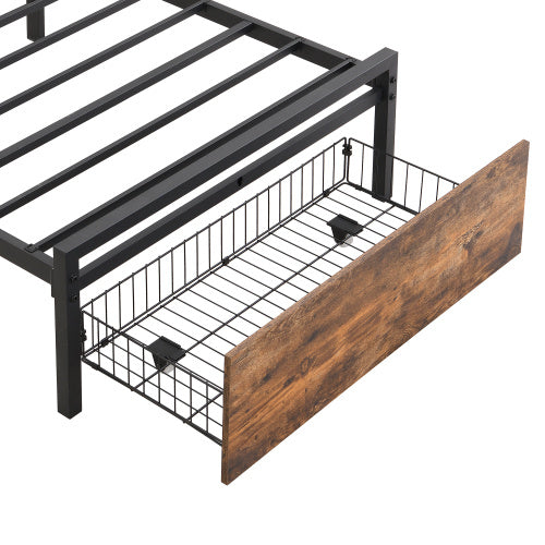 UK Local Metal Bed, 3FT Single Bed 90x190cm, With LED Light Strip And Drawer, 2 USB Port  1 Type C, Durable And Sturdy, Youth Bed, For Adults  Teenagers, Multifunctional Bed, Wrought Iron Bed, Black Walnut
