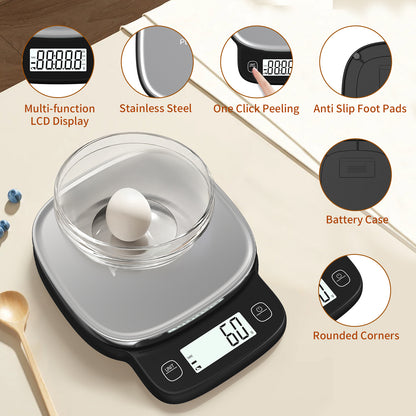 US Local High Precision 0.1g Digital Kitchen Scale - Capacity 5kg, 304 Stainless Steel Surface, Multi-function LCD Display, One-click Peeling