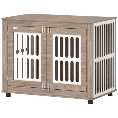 US Local 39 Dog Crate Furniture With 2 Doors, Adjustable Non-slip Foot Mats, For Large Dogs, Walnut Brown