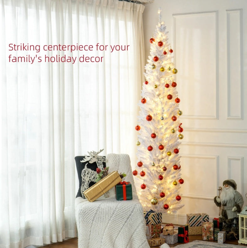 US Local HOMCOM 8' Tall Pre-Lit Slim Noble Fir Artificial Christmas Tree With 300 Warm White LED Lights And 618 Tips, For Christmas Decoration, White