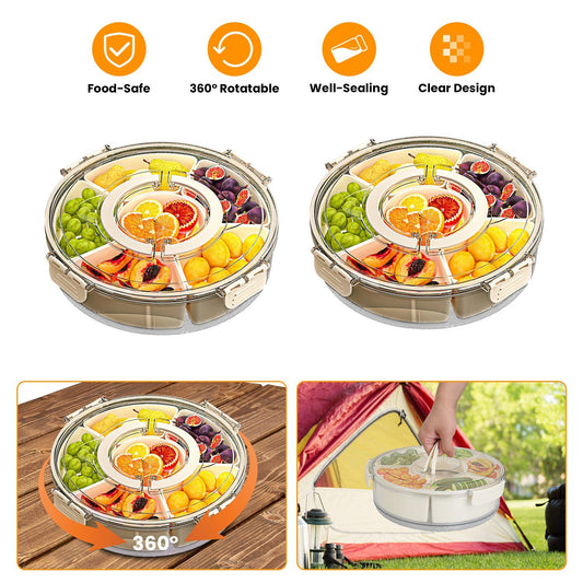 US Local 2Pcs Divided Serving Tray With Lid And Handle 360 Degree Rotatable Snack Box Container With 6 Dividers Clear Portable Snack Platters For Fruit Candy Nut Snack Perfect For Party Picnic S