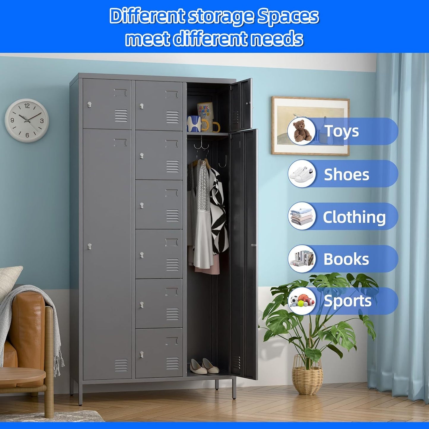 US Local Metal Lockers For Employees With 10 Doors, H Steel Lockable Storage Lockers With 6 Hooks And 10 Card Holder For Office, Home, Gym, School, Employees, Dark Grey