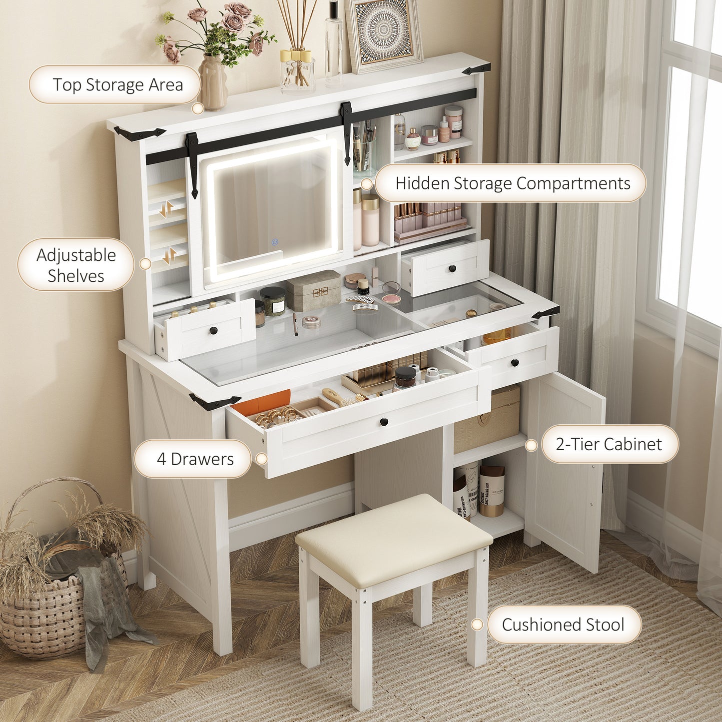 US Local Vanity Desk Set With Mirror And Lights, Cushioned Stool, Storage Drawer, Cabinet, Shelves For Bedroom, White