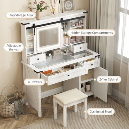 US Local Vanity Desk Set With Mirror And Lights, Cushioned Stool, Storage Drawer, Cabinet, Shelves For Bedroom, White