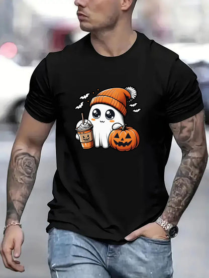 Men's Halloween And Pumpkin Pattern T-shirt - Casual Round Neck Short Sleeve Summer Outdoor Activity Shirt