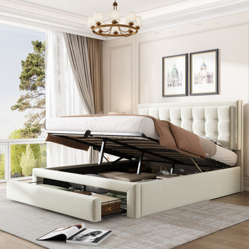 UK Local Upholstered Bed,Double Bed-4ft6135X190cm, Velvet Fabric, Double Bed, Large Storage Space,With Slats And Headboard,Without Mattress,Cream